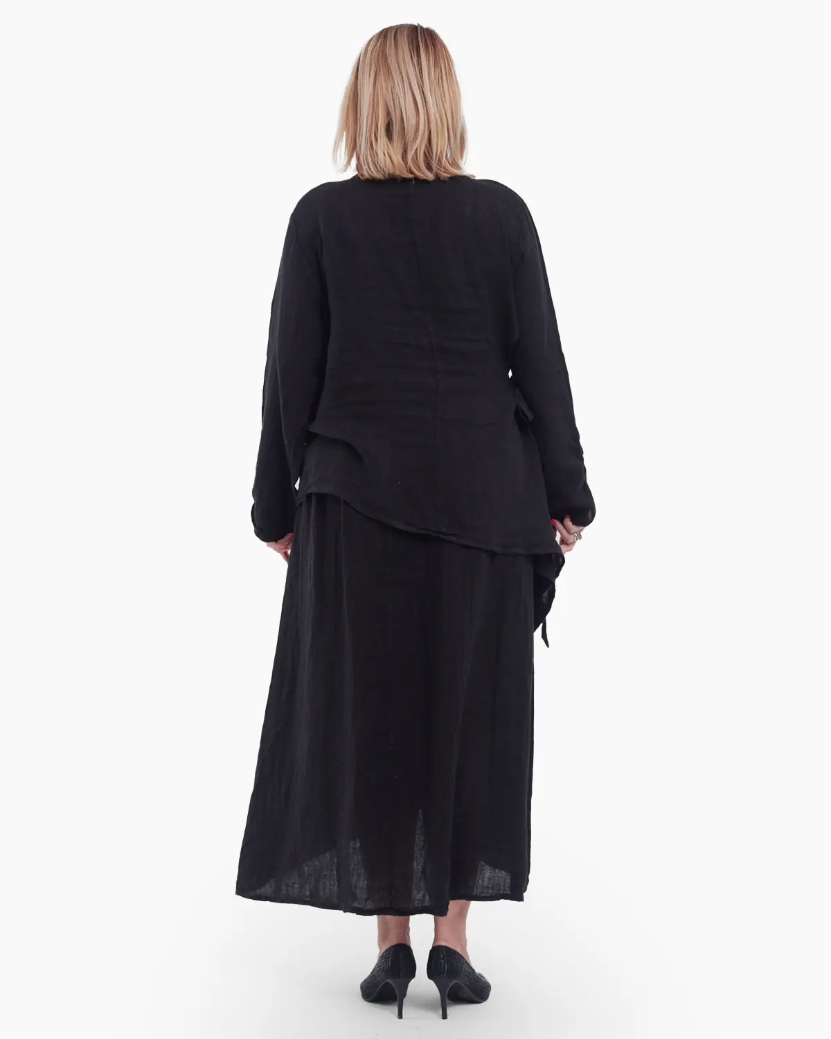 Compleu damă din in negru– rochie tip maieu și bluză asimetrică cu fundă elegantă [3]