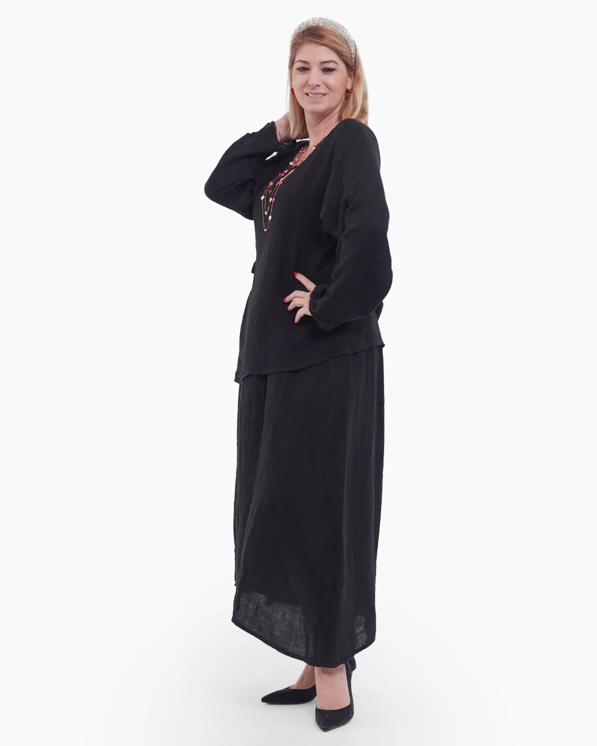 Compleu damă din in negru– rochie tip maieu și bluză asimetrică cu fundă elegantă [2]