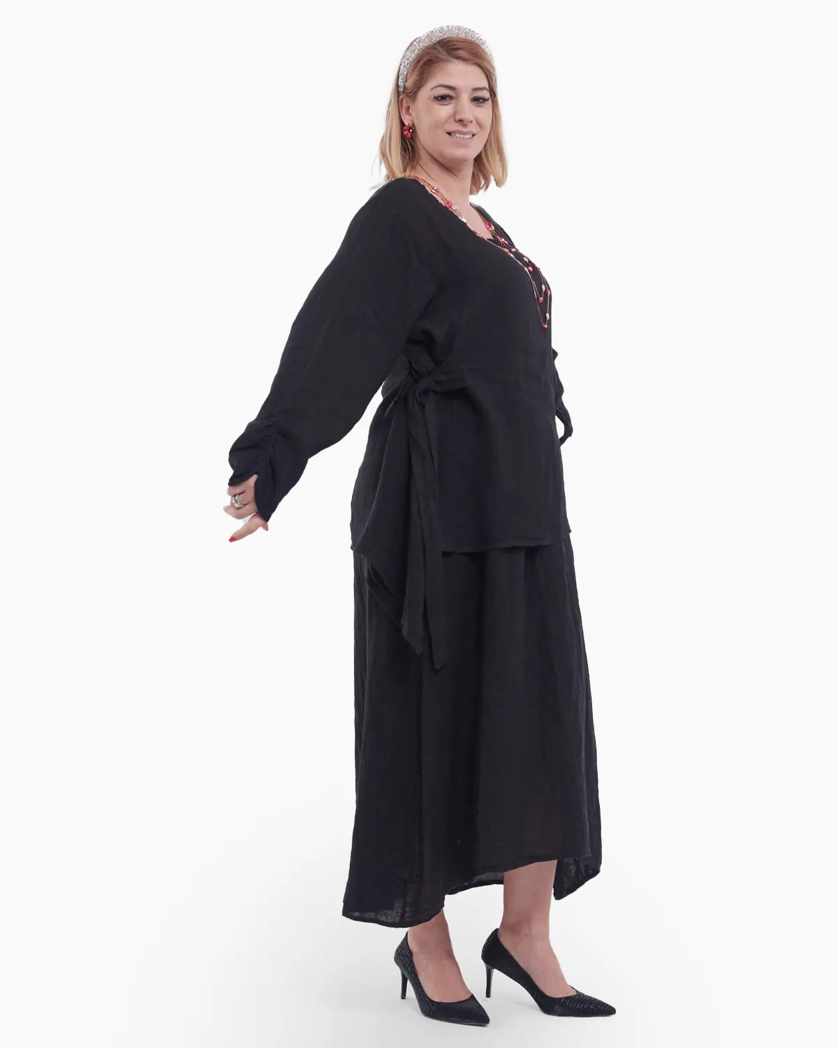 Compleu damă din in negru– rochie tip maieu și bluză asimetrică cu fundă elegantă [1]