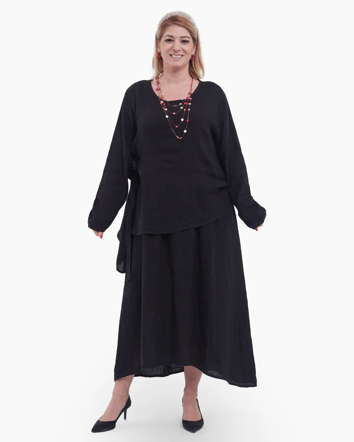 Rochii - Compleu damă din in negru– rochie tip maieu și bluză asimetrică cu fundă elegantă