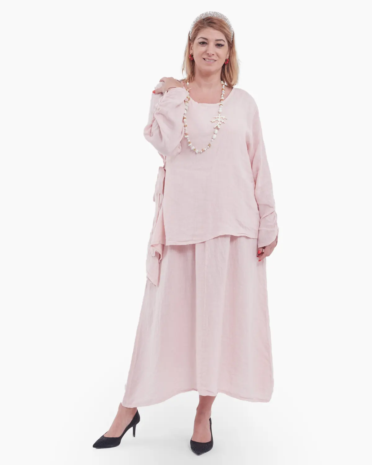 Rochii - Compleu damă din in roz pudrat – rochie tip maieu și bluză asimetrică cu fundă elegantă