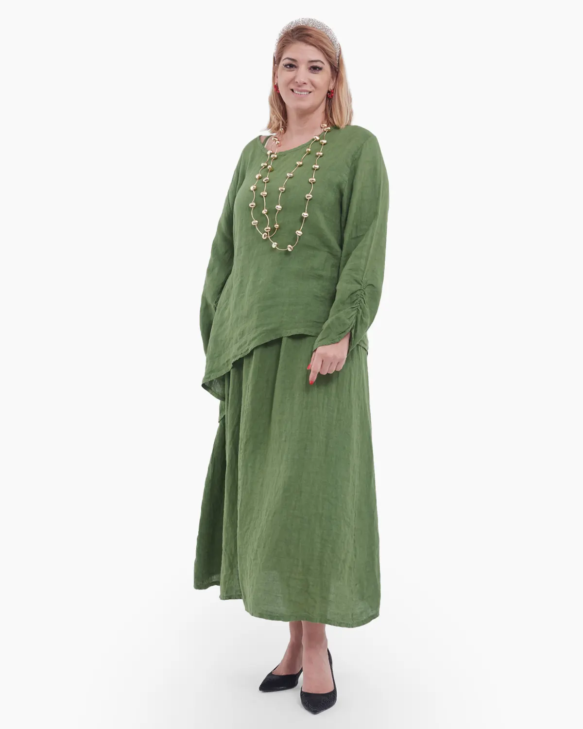Rochii - Compleu damă din in verde – rochie tip maieu și bluză asimetrică cu fundă elegantă