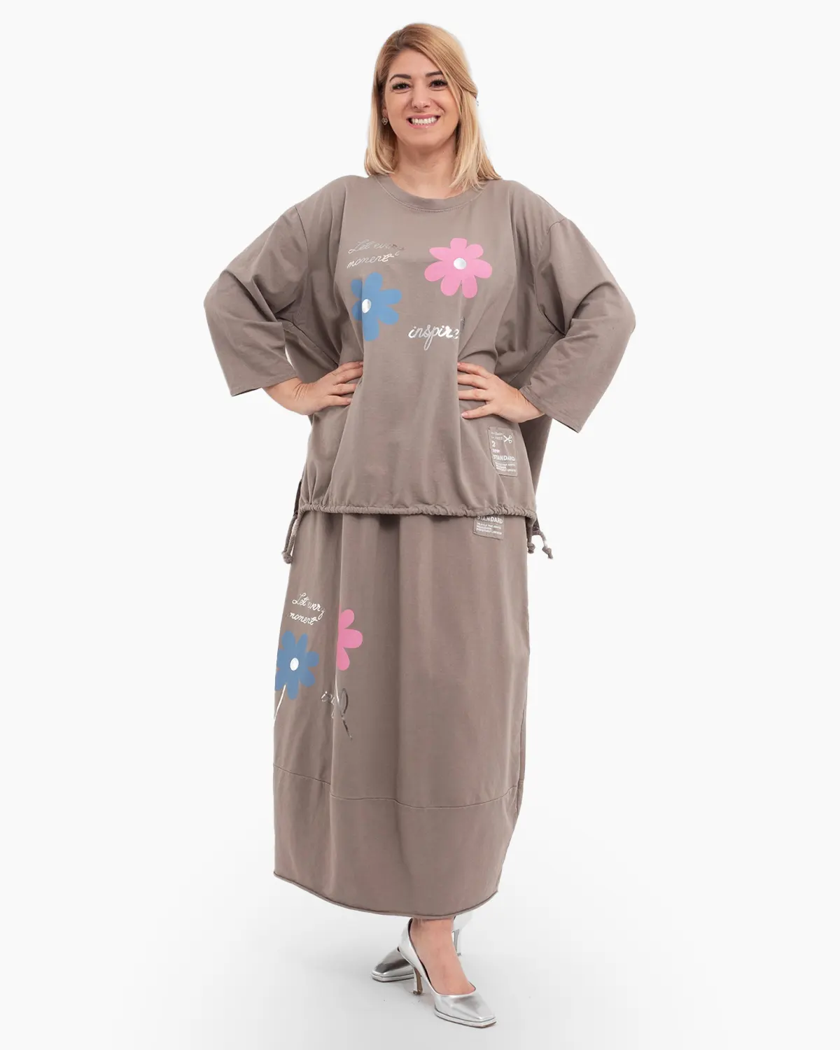 Îmbrăcăminte Damă - Compleu deux-pieces din bumbac cu flori fanteziste