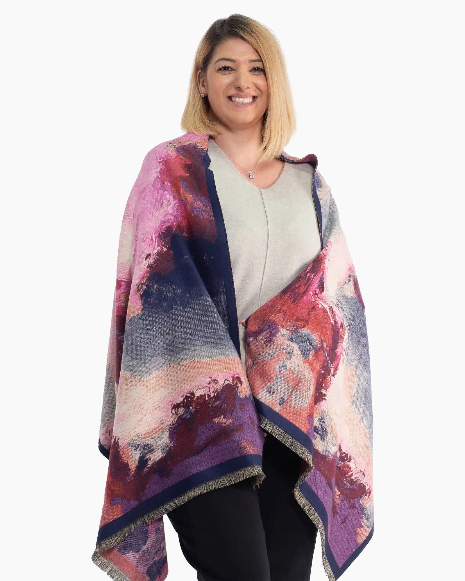 Produse noi - Eșarfă din lână cu imprimeu floral multicolor și franjuri delicate