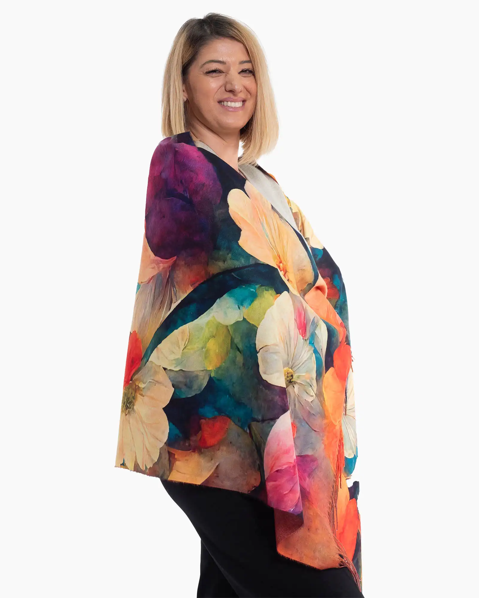Eșarfă din vâscoză cu flori multicolore și franjuri lungi [2]