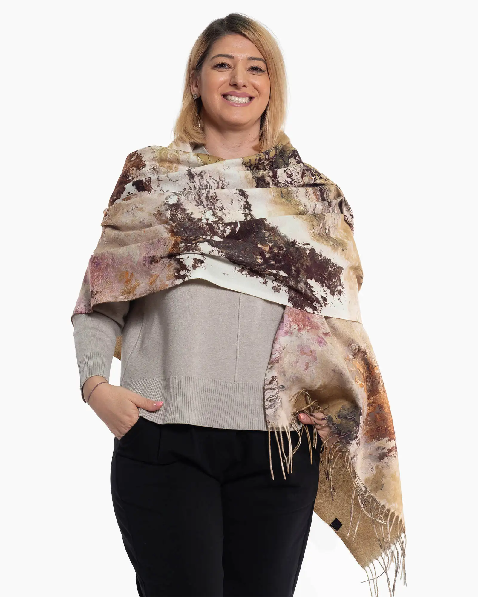 Produse noi - Eșarfă fluidă din vâscoză cu imprimeu abstract multicolor și franjuri lungi