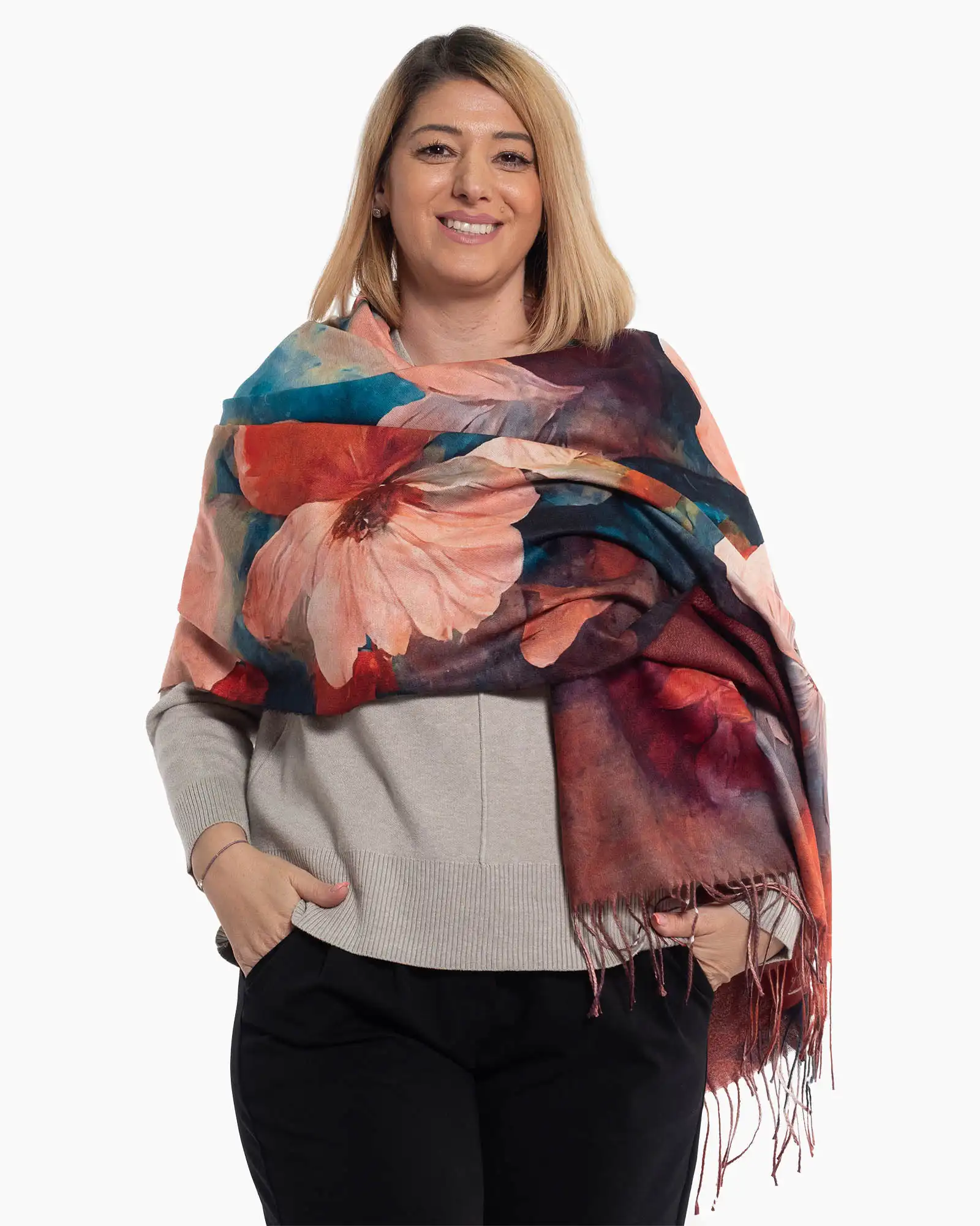 Produse noi - Eșarfă din vâscoză cu imprimeu floral multicolor și franjuri lungi