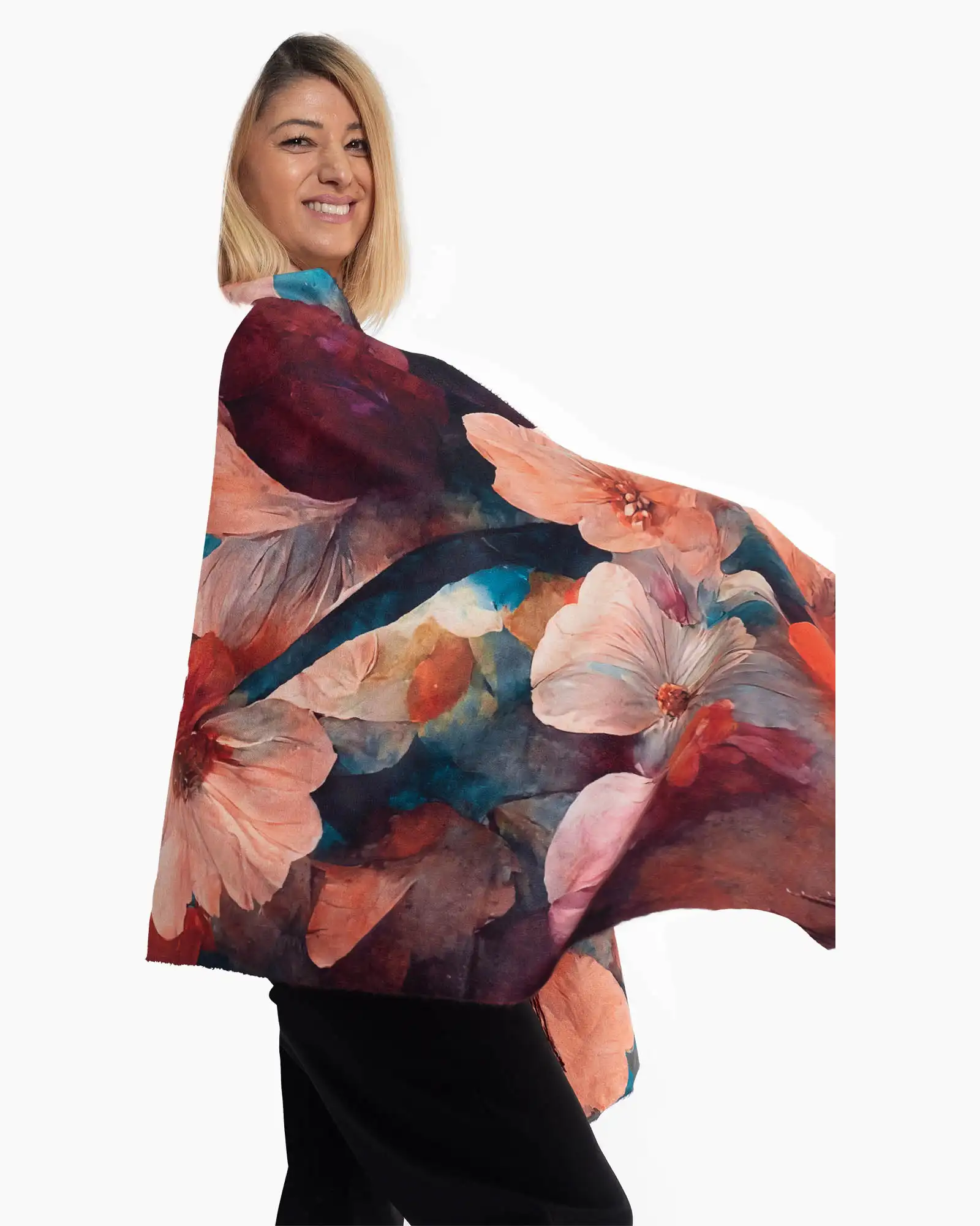 Eșarfă din vâscoză cu imprimeu floral multicolor și franjuri lungi [2]
