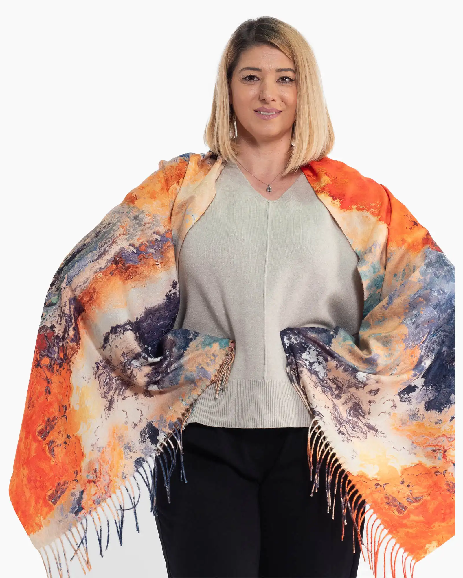 Produse noi - Eșarfă din vâscoză multicoloră cu imprimeu abstract și franjuri lungi