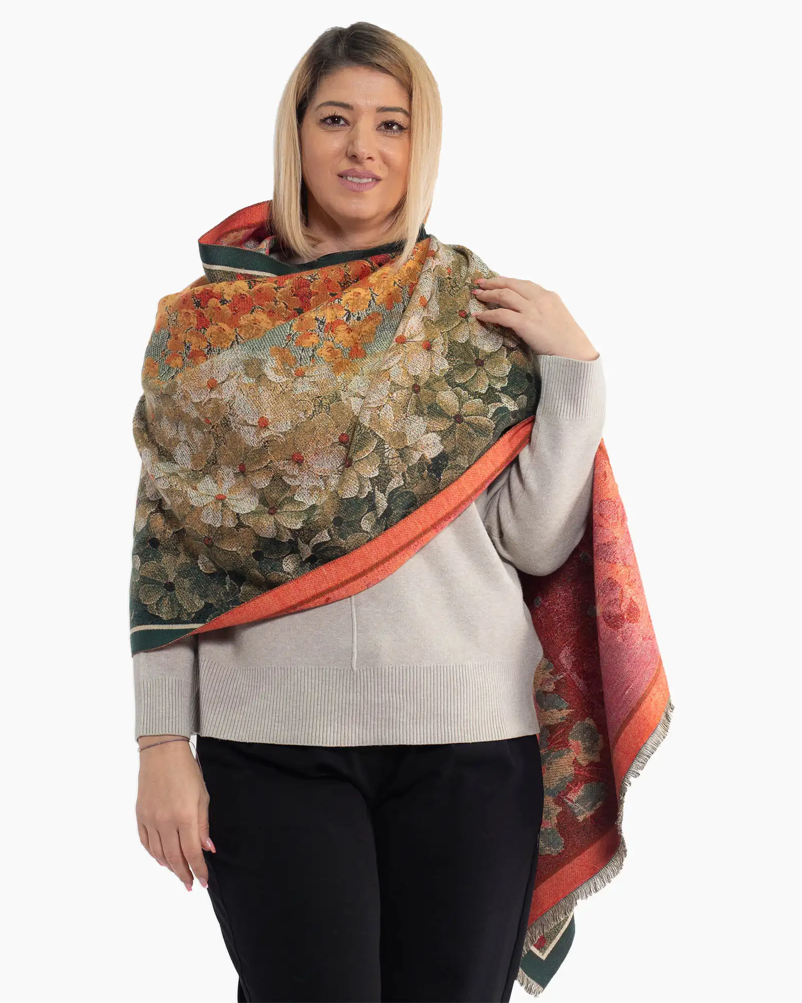 Produse noi - Eșarfă fluidă din lână multicoloră cu imprimeu floral