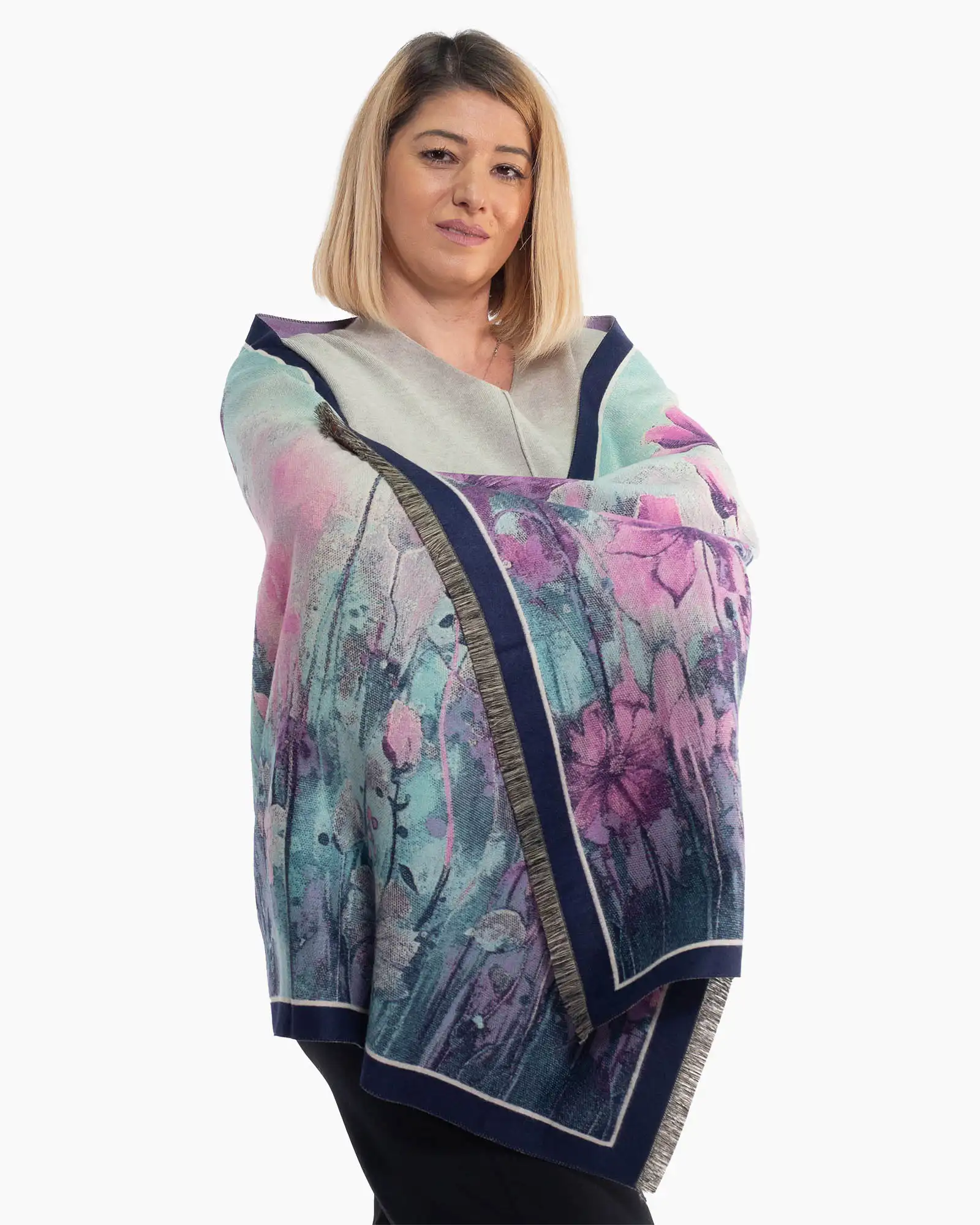 Eșarfă fluidă din lână multicoloră cu un delicat imprimeu floral [2]