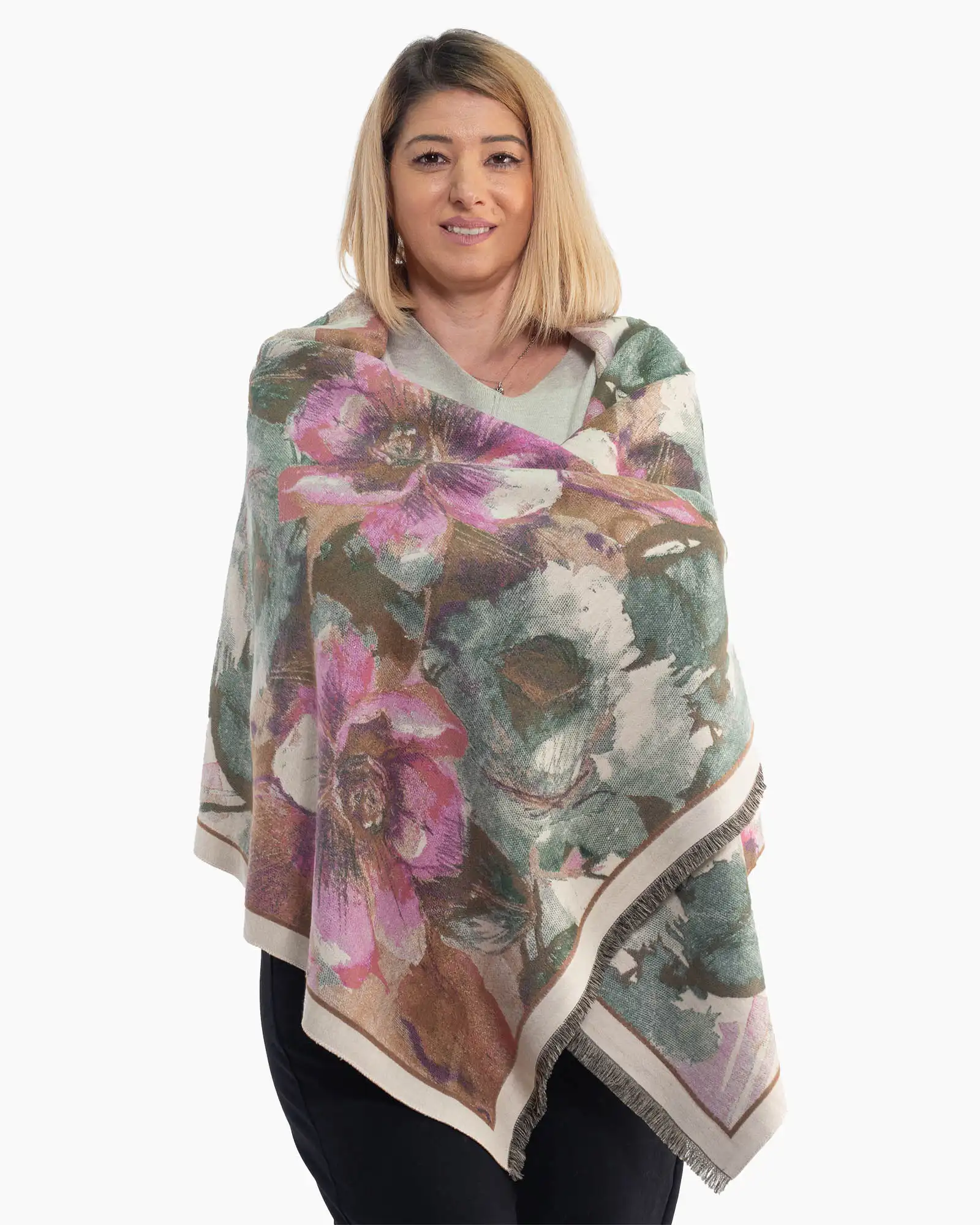 Produse noi - Eșarfă lejeră din lână cu imprimeu floral multicolor