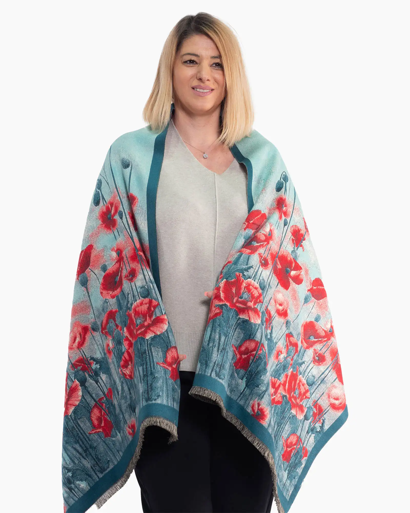 Produse noi - Eșarfă lejeră din lână multicoloră cu imprimeu floral și franjuri
