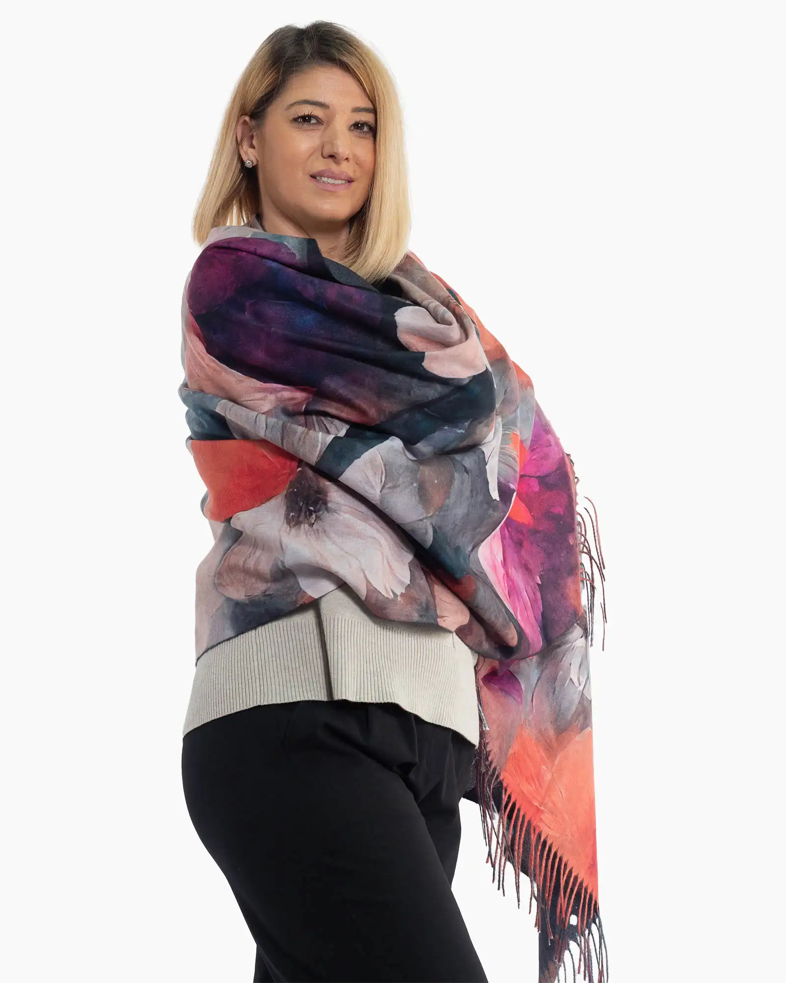 Eșarfă lejeră multicoloră cu imprimeu floral și franjuri lungi [2]