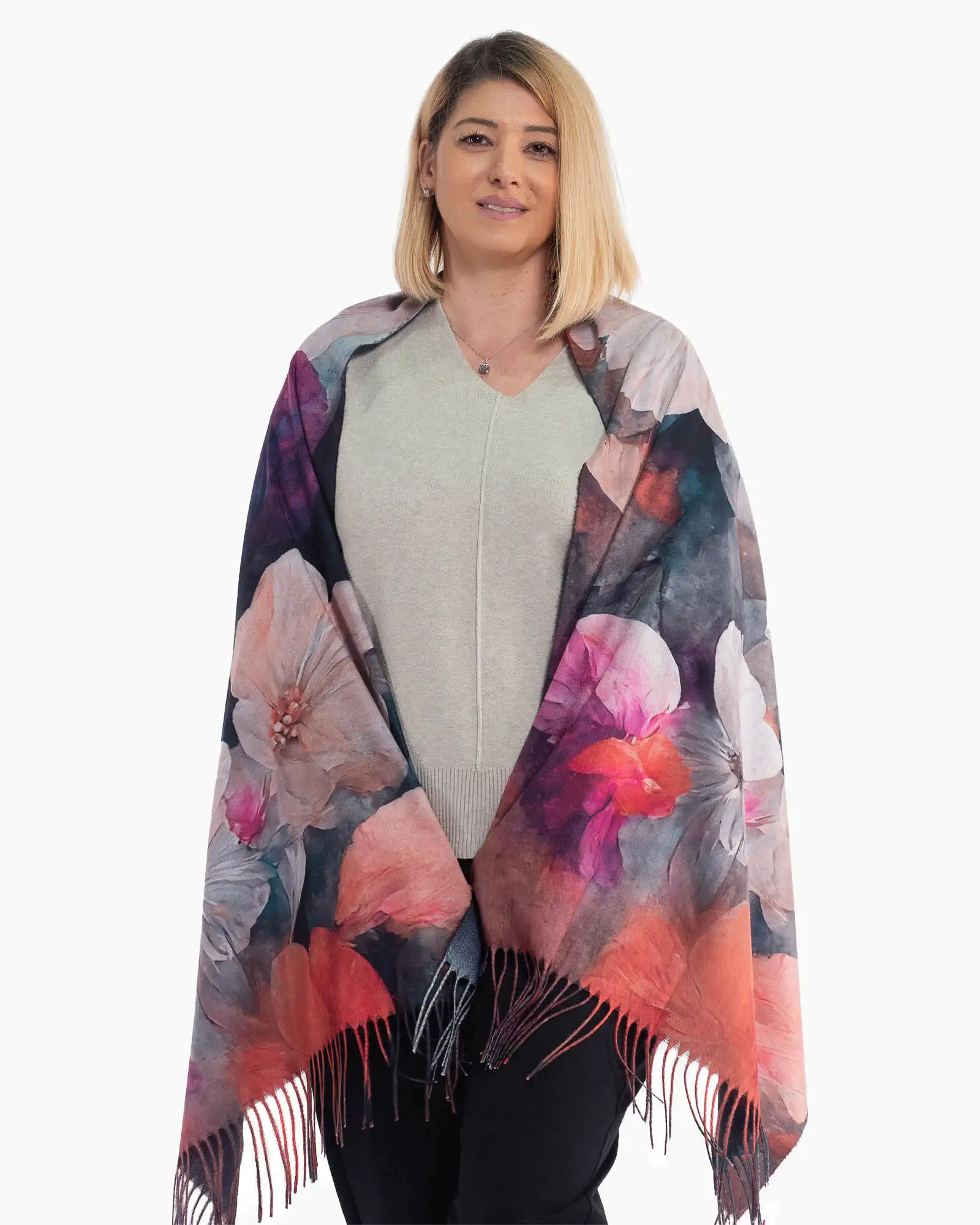 Produse noi - Eșarfă lejeră multicoloră cu imprimeu floral și franjuri lungi