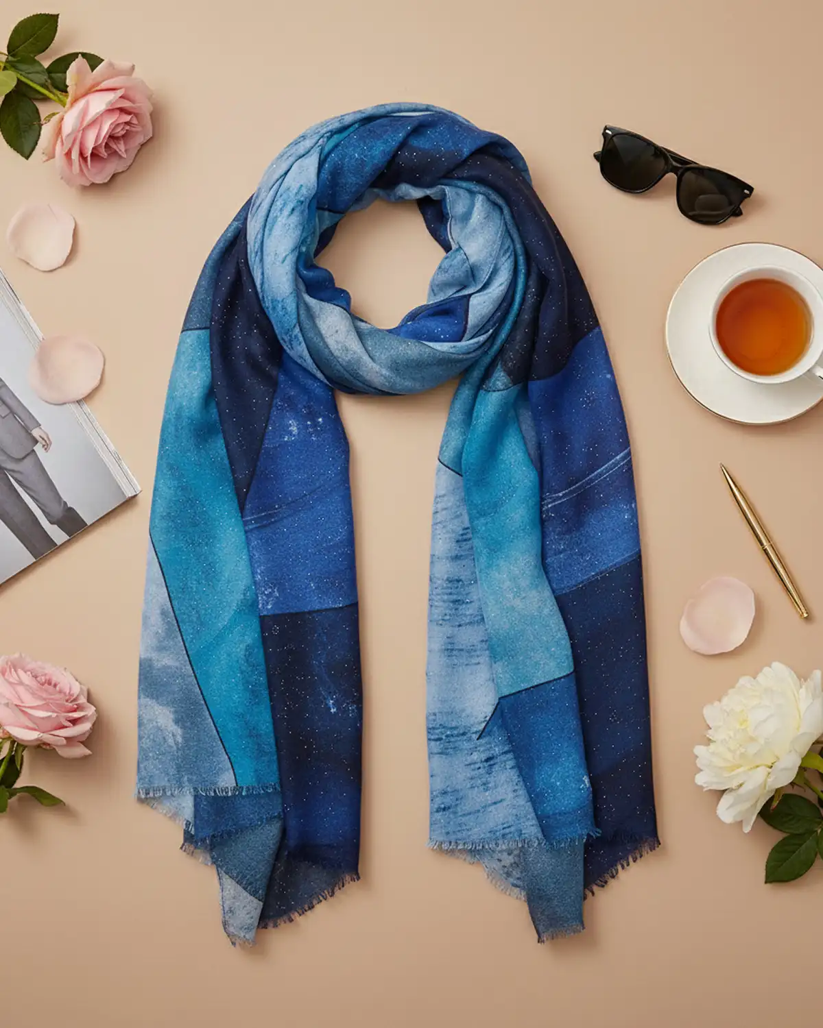 Accesorii fashion pentru femei - Eșarfă mătase Magdy Serata Lirica albastră