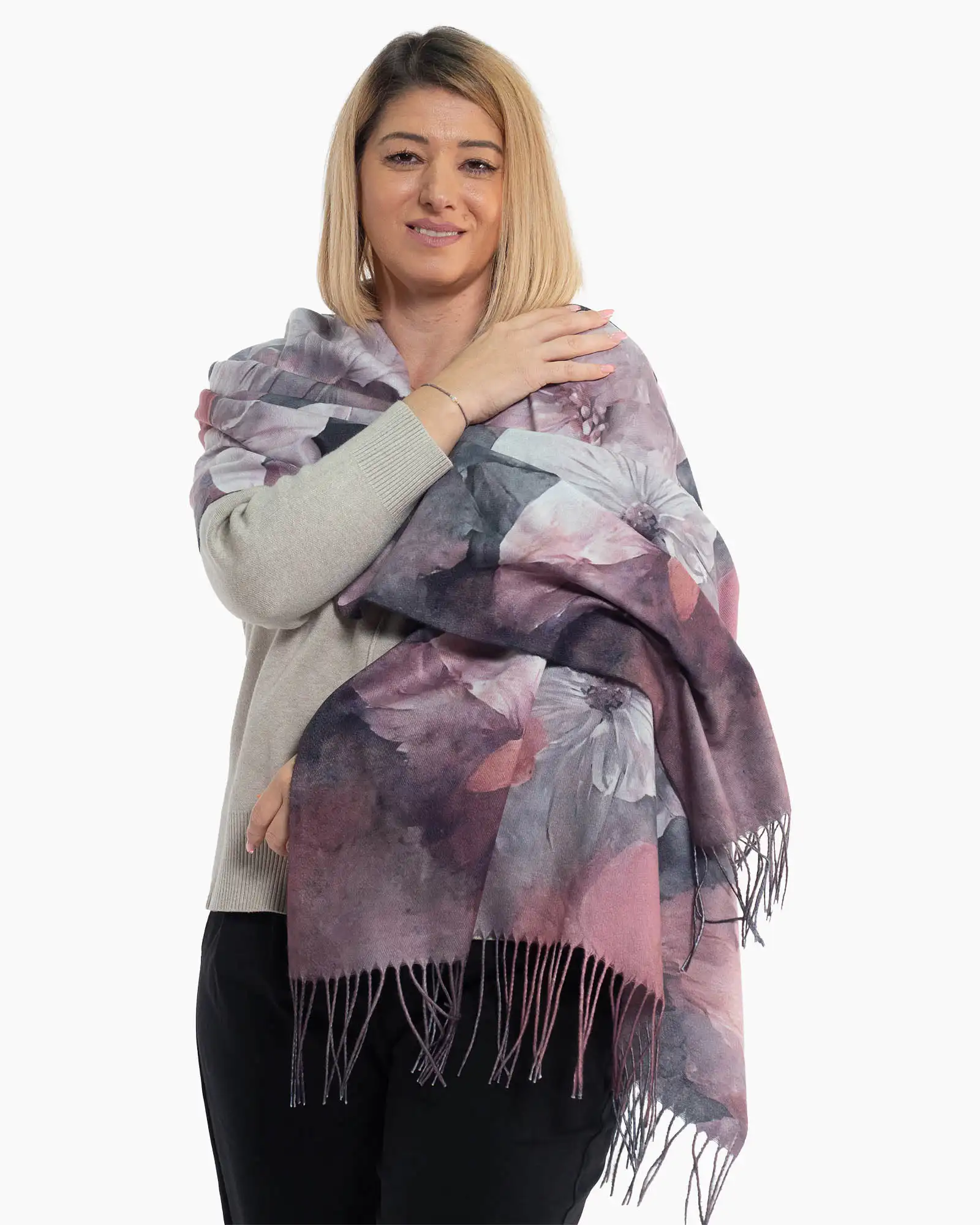 Produse noi - Eșarfă multicoloră din vâscoză cu imprimeu floral și franjuri lungi
