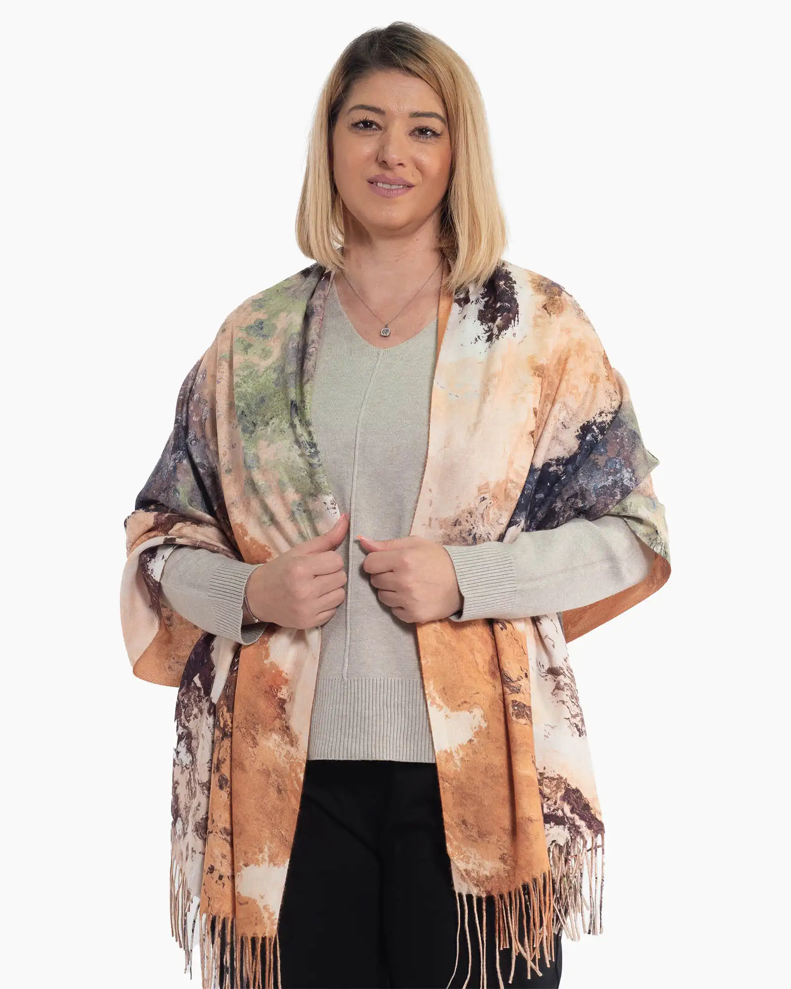 Produse noi - Eșarfă multicoloră din vâscoză fluidă cu imprimeu abstract și franjuri