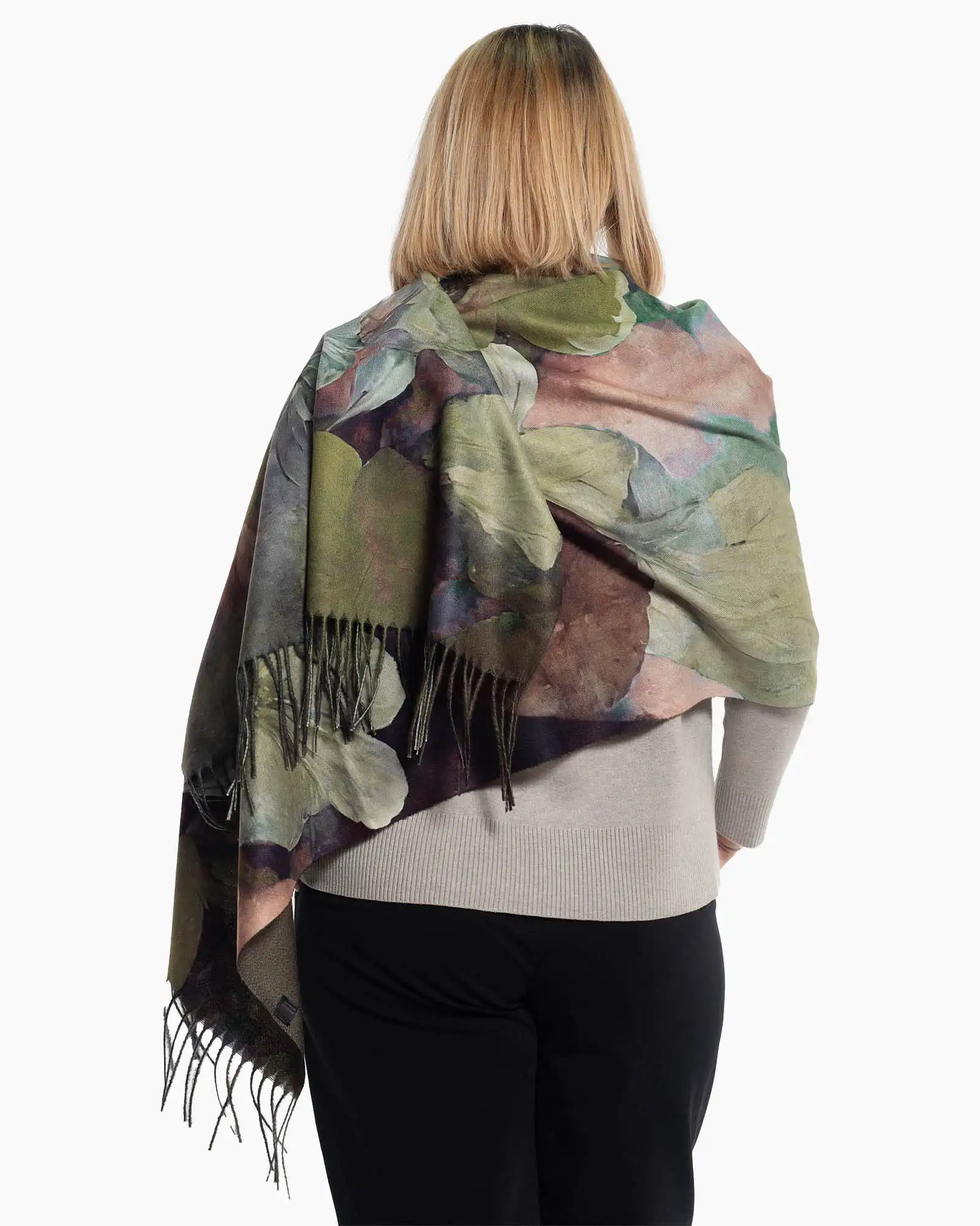 Eșarfă din vâscoză cu imprimeu floral multicolor și franjuri lungi [1]