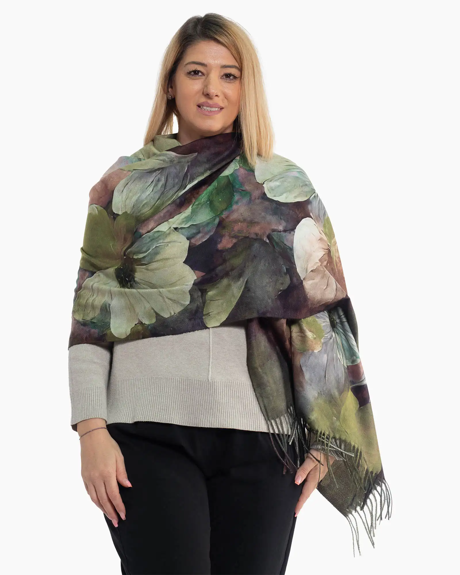 Produse noi - Eșarfă din vâscoză cu imprimeu floral multicolor și franjuri lungi