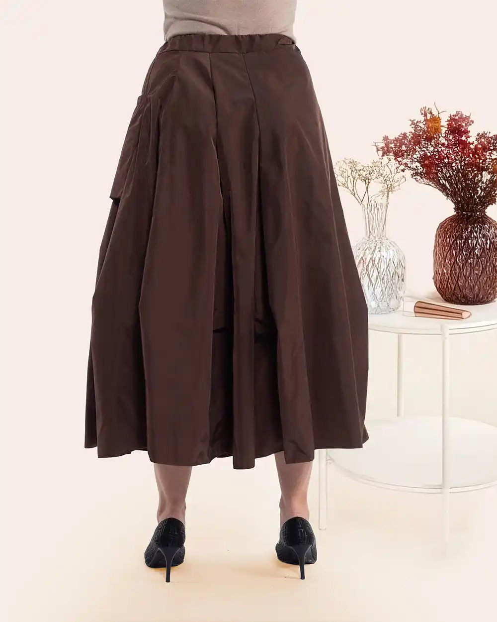 Fustă lungă casual maro cu talie elastică și buzunare [1]