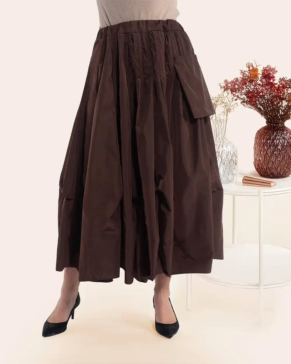 Îmbrăcăminte Damă - Fustă lungă casual maro cu talie elastică și buzunare