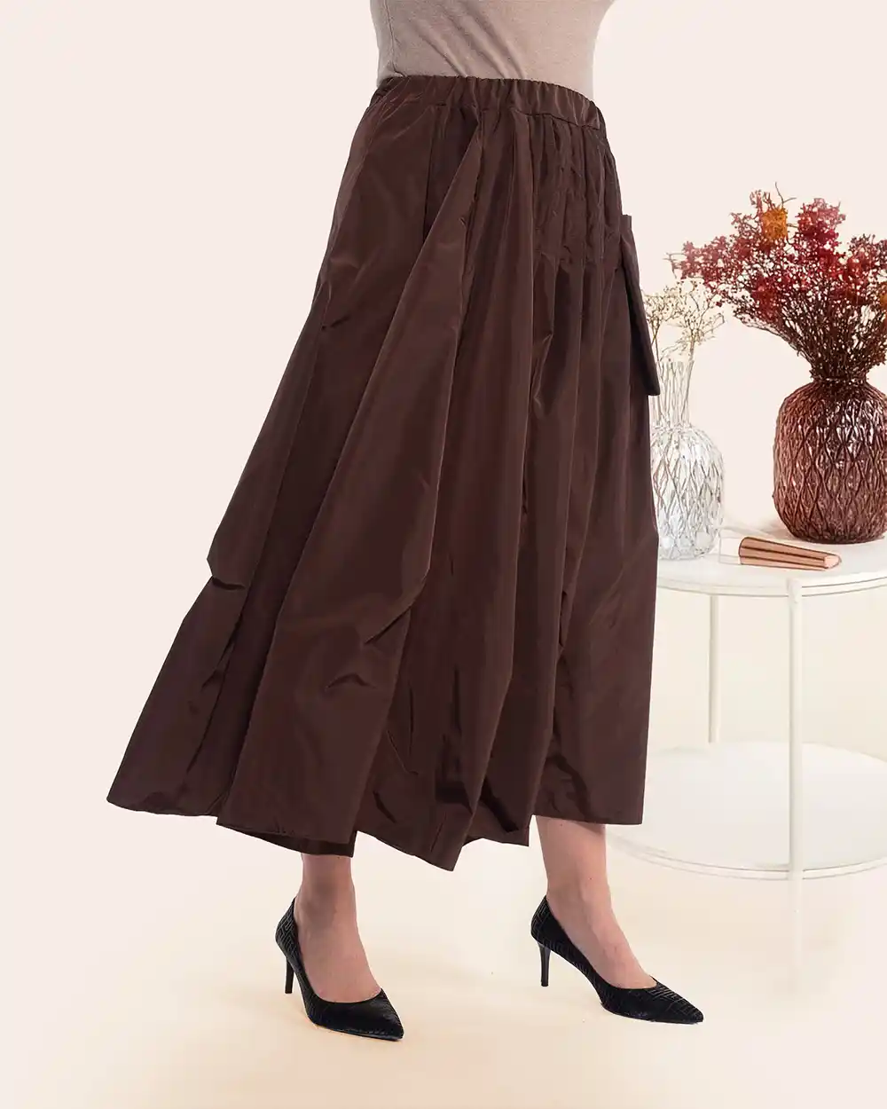 Fustă lungă casual maro cu talie elastică și buzunare [2]