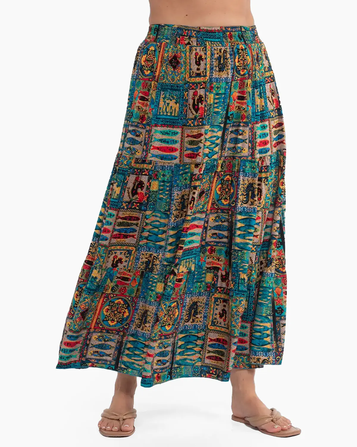 Fuste Mărimi Mari - Fustă maxi fluidă de un verde eclectic cu imprimeu arabesque