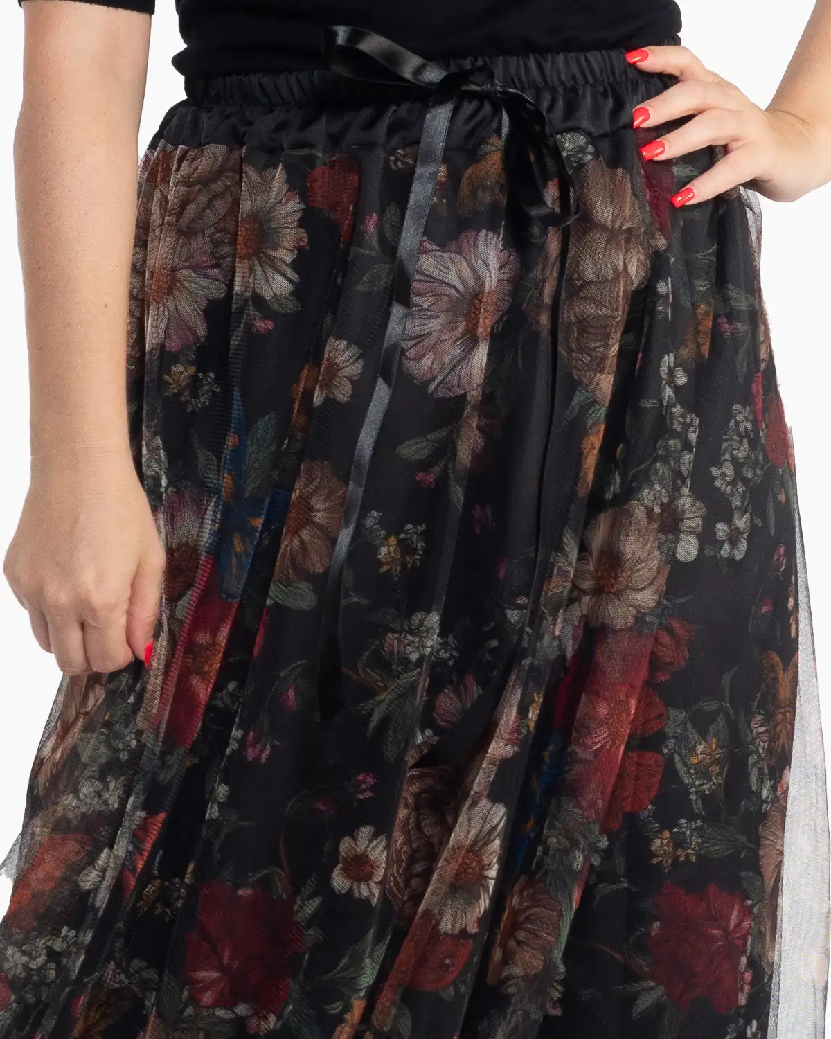 Fustă maxi neagră romantică din tul cu imprimeu floral [4]