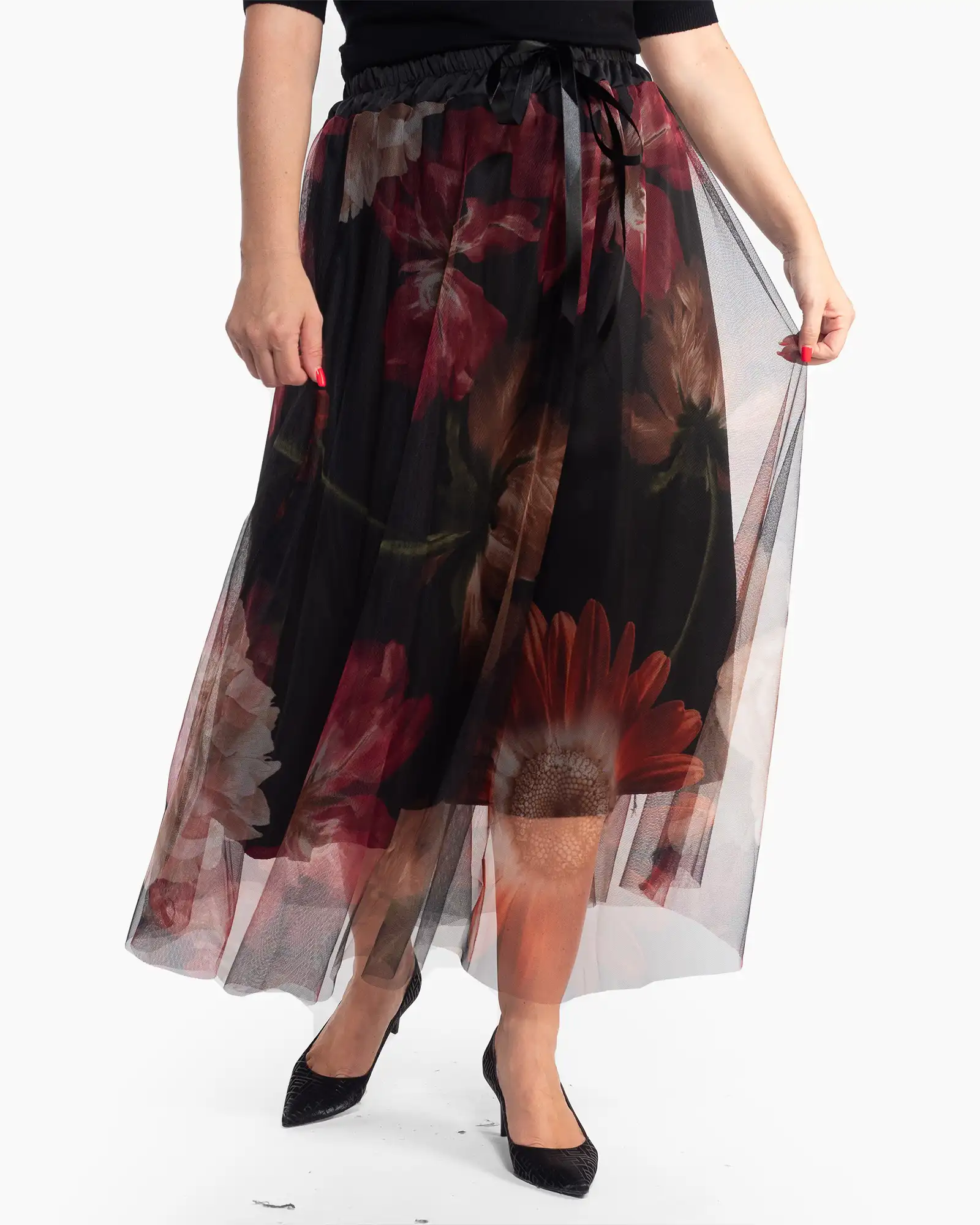 Fuste - Fustă maxi romantică neagră din tul cu imprimeu floral