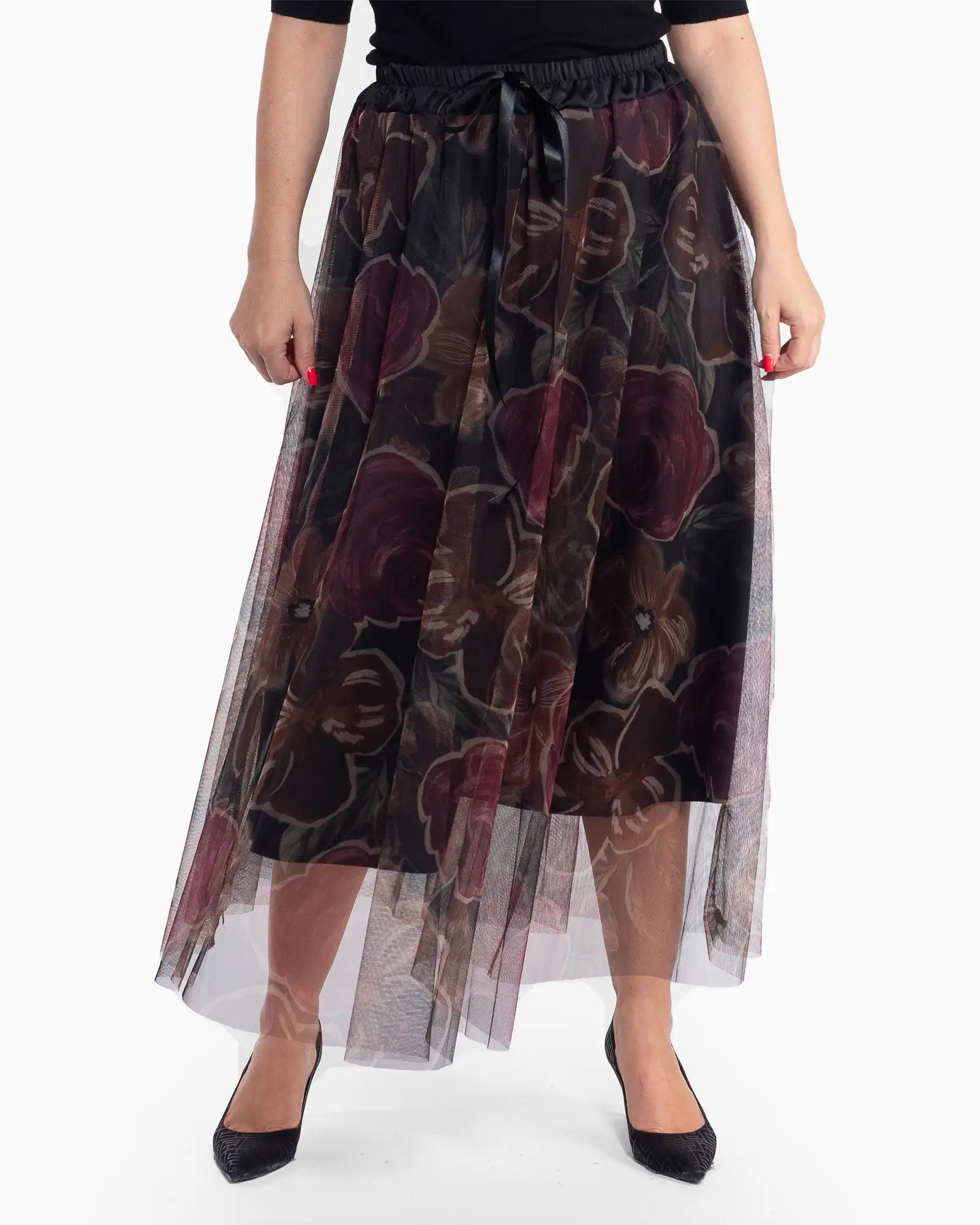Haine damă - Fustă maxi romantică neagră din tul cu imprimeu floral
