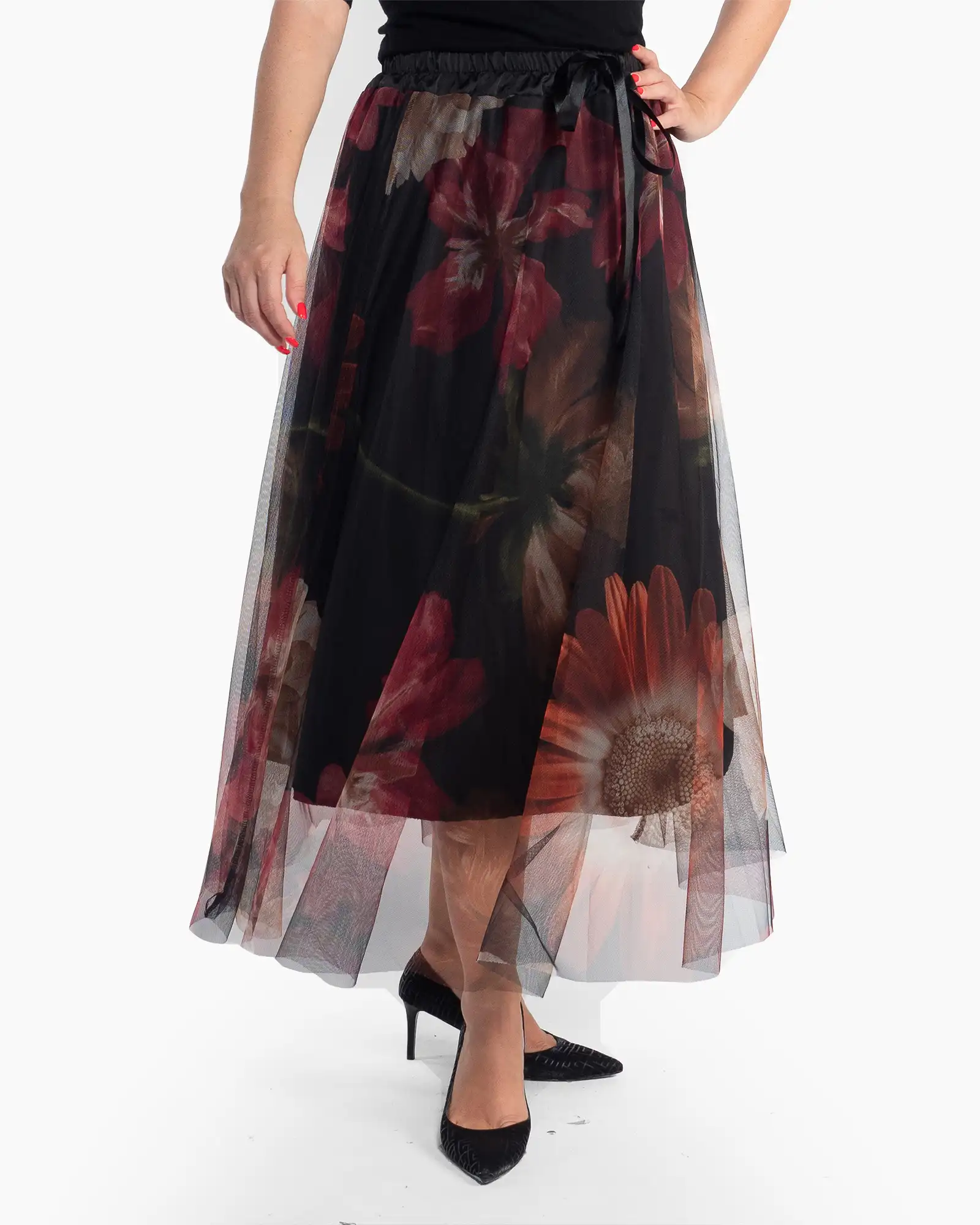 Fustă maxi romantică neagră din tul cu imprimeu floral [2]