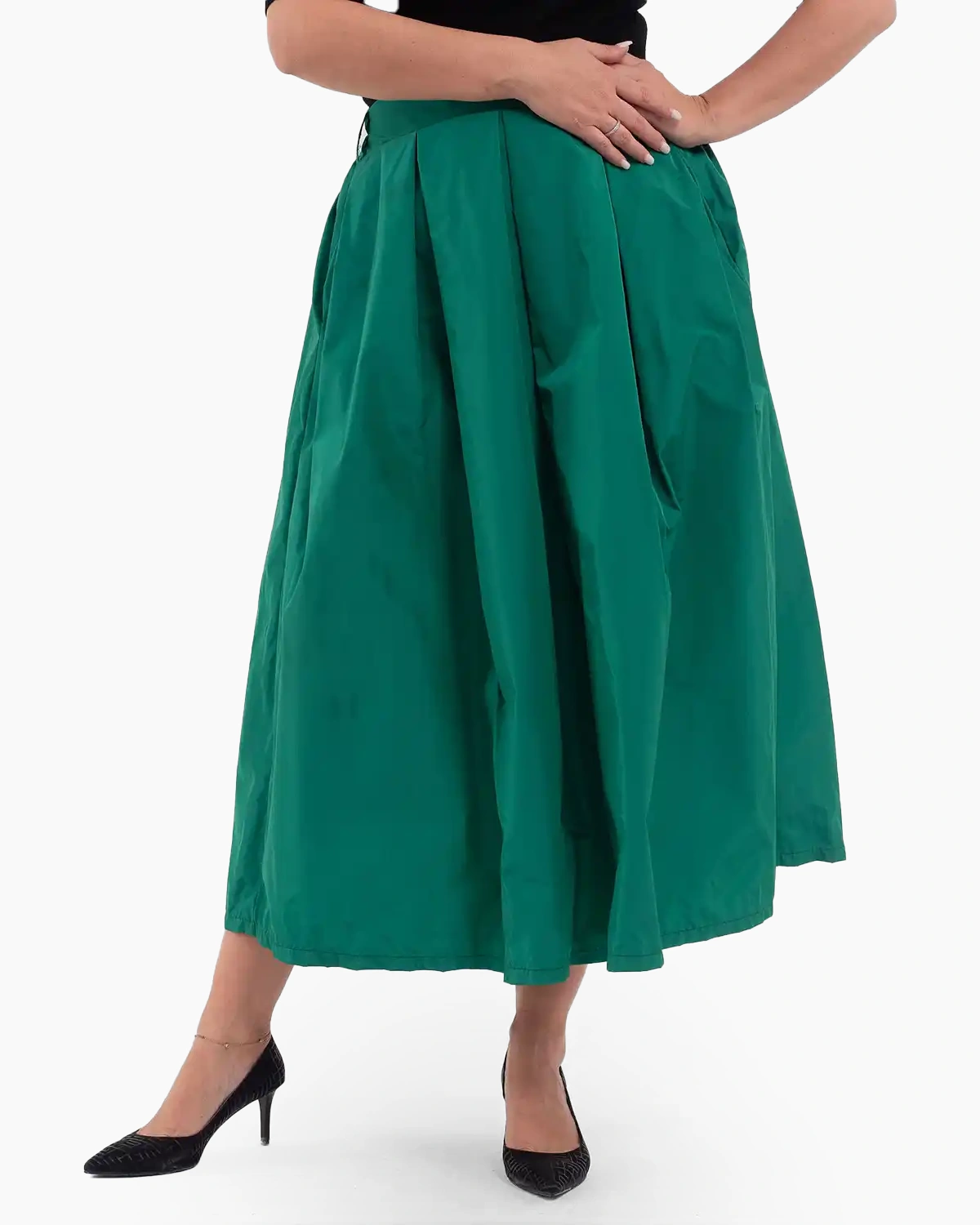 Fuste - Fustă midi cu pliuri din tafta verde