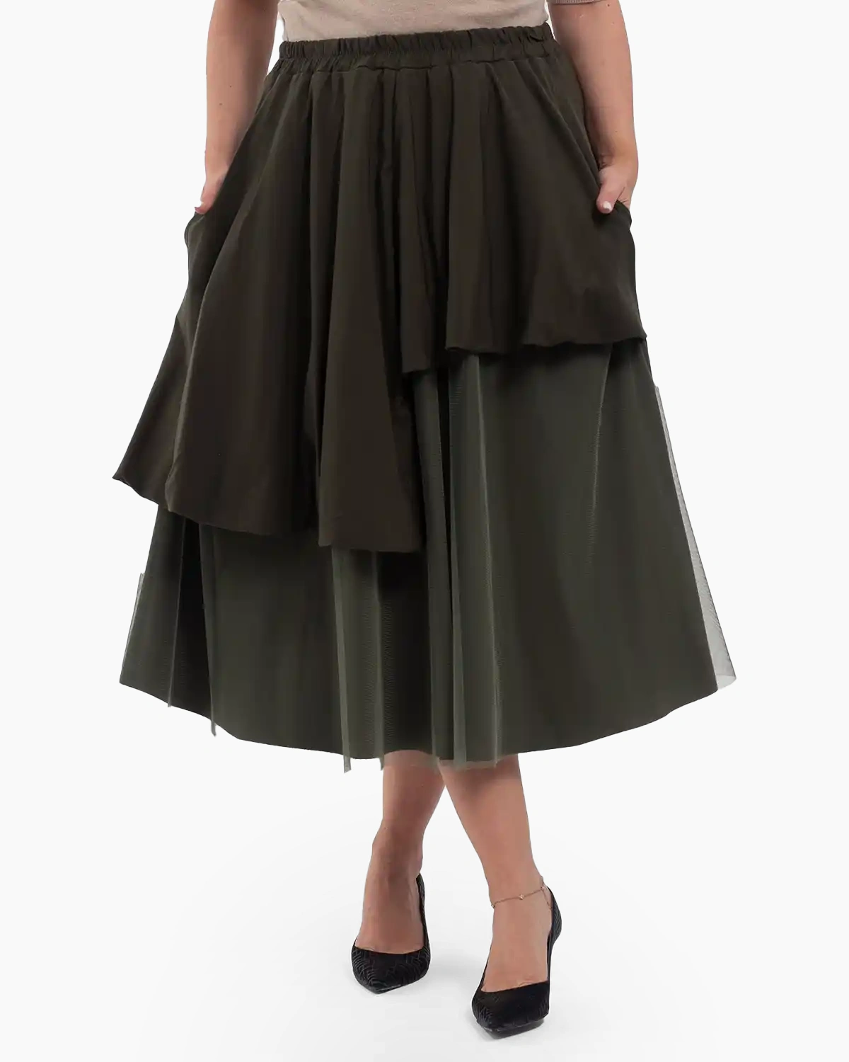Fuste din Vâscoză - Fustă midi cu volane și tulle suprapus, elastic în talie, kaki