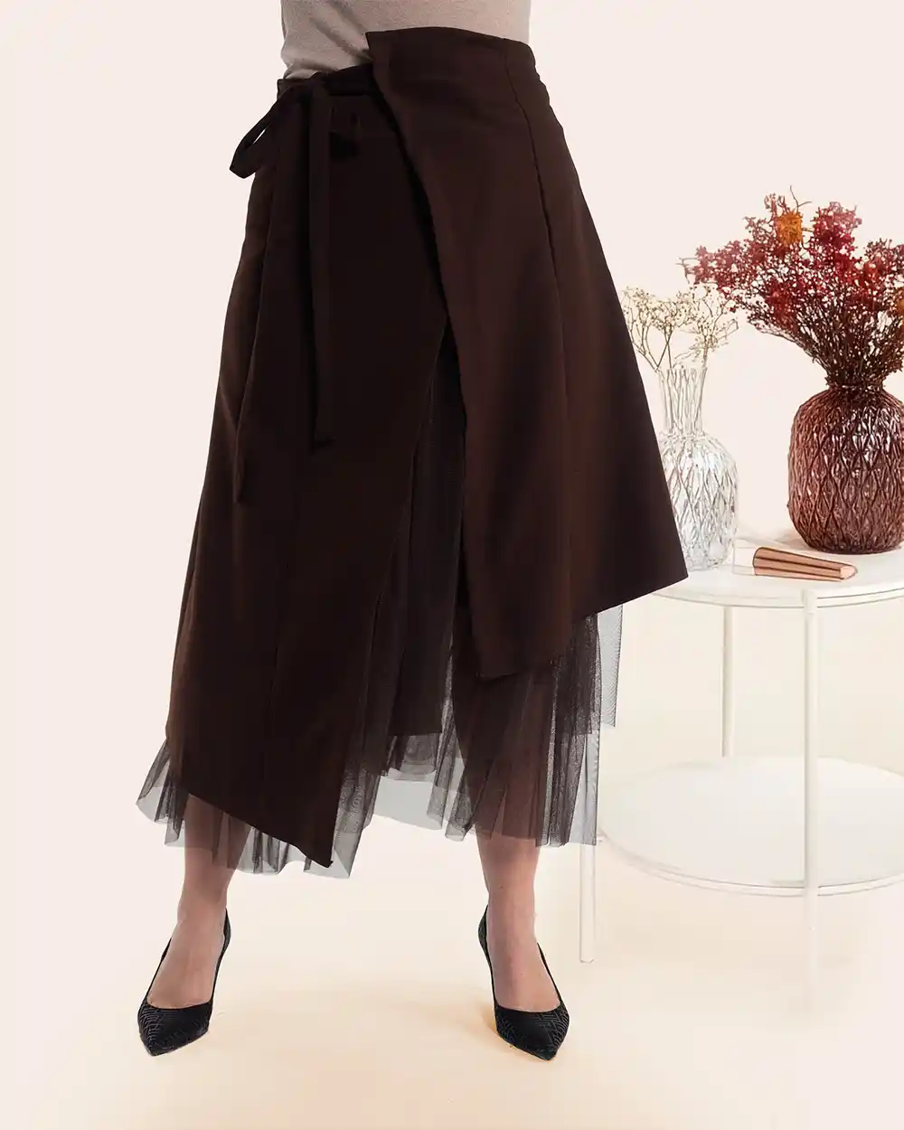 Îmbrăcăminte Damă - Fustă midi petrecută maro casual schic cu design asimetric