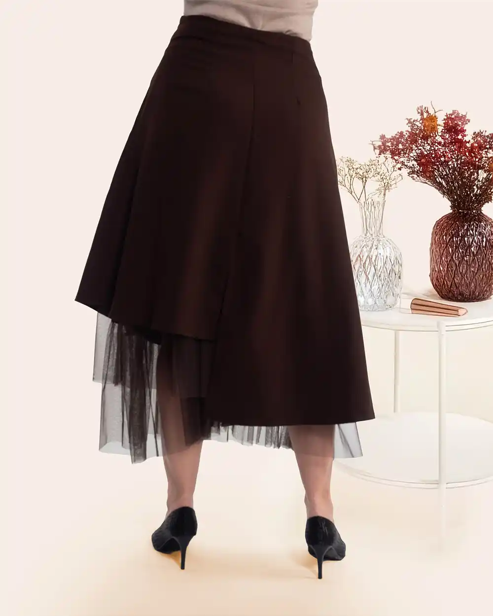 Fustă midi petrecută maro casual schic cu design asimetric [1]