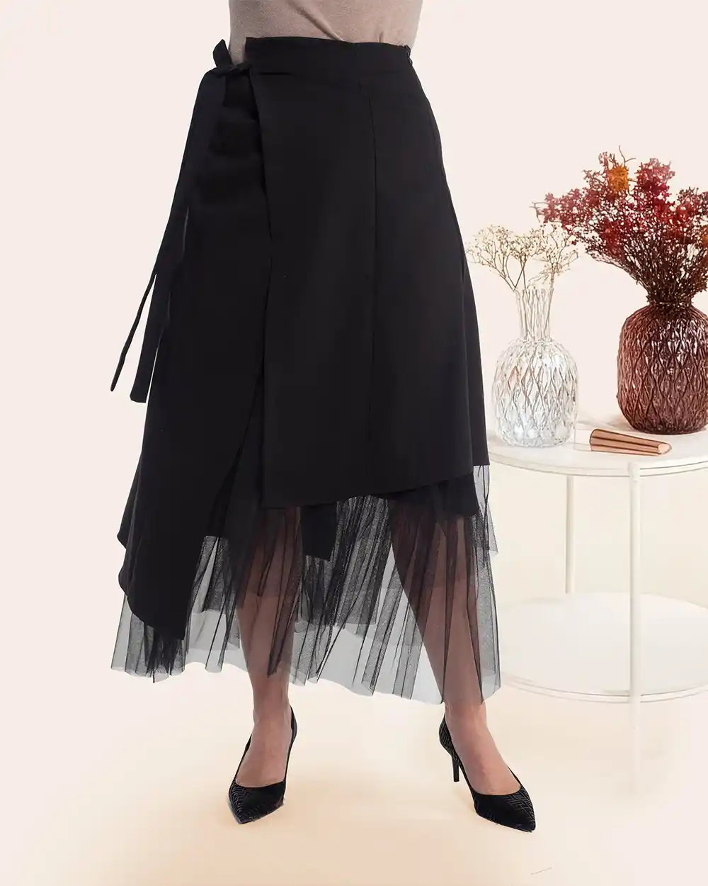 Îmbrăcăminte Damă - Fustă midi petrecută neagră casual schic cu design asimetric