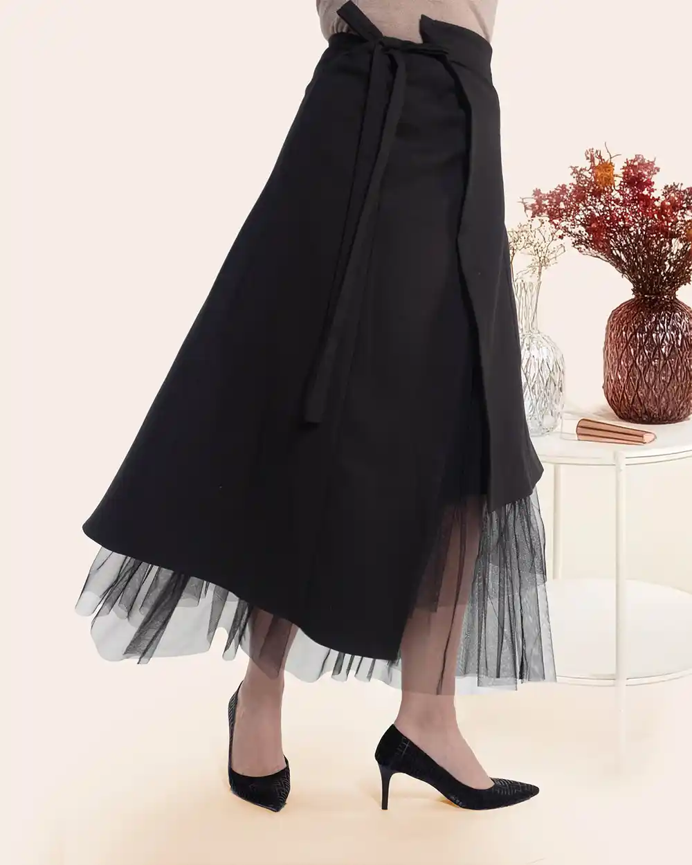 Fustă midi petrecută neagră casual schic cu design asimetric [2]