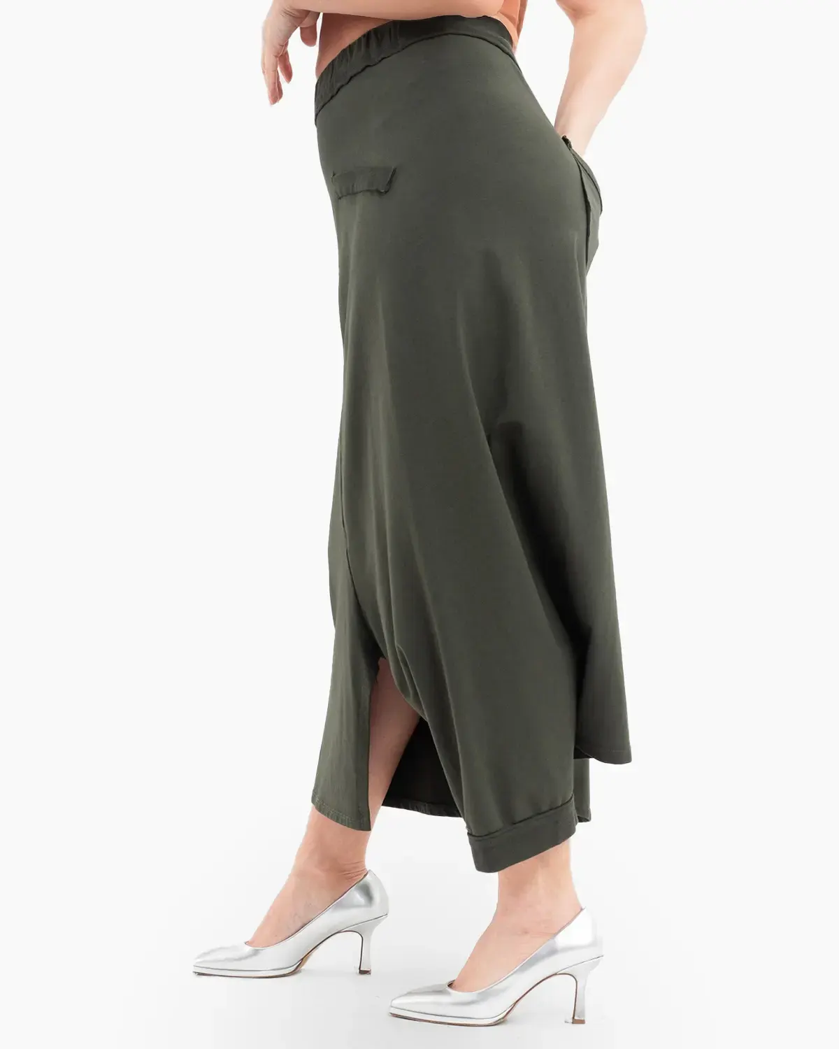Fusta-Pantalon asimetrica kaki cu buzunar si crac singular [1]