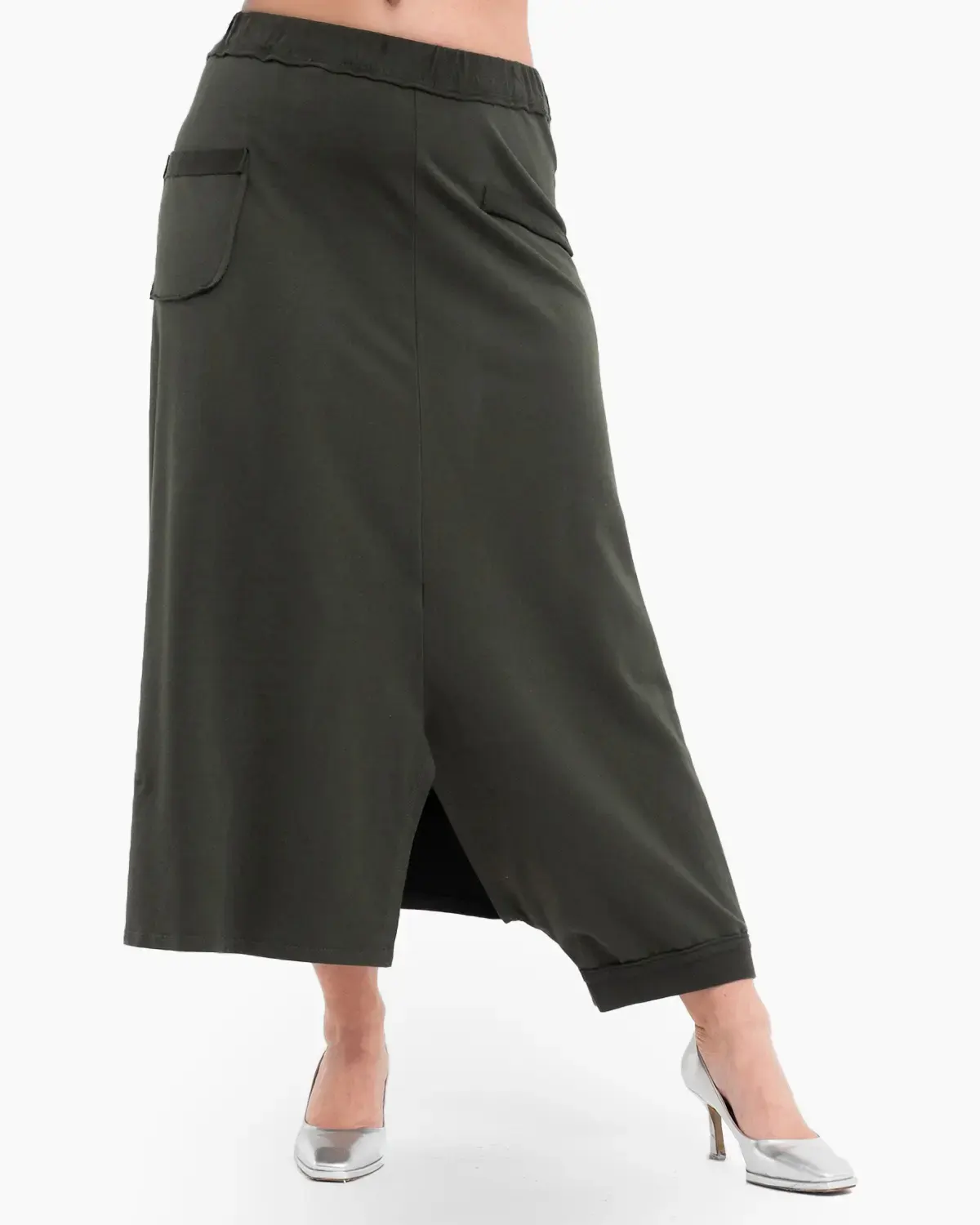 Fuste - Fusta-Pantalon asimetrica kaki cu buzunar si crac singular