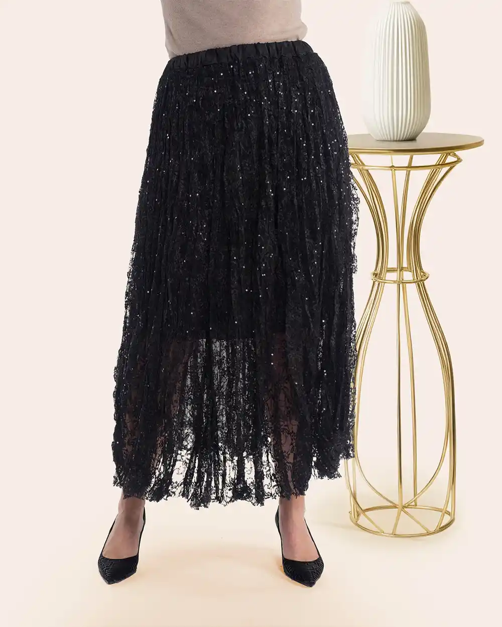 Îmbrăcăminte Damă - Fustă retro glam lungă din dantelă neagră inserție de paiete sclipitoare