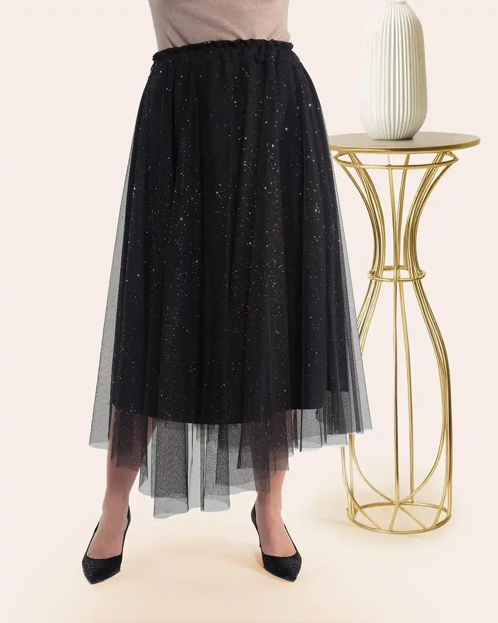 Îmbrăcăminte Damă - Fustă retro glam midi neagră sclipitoare cu tul din plasă