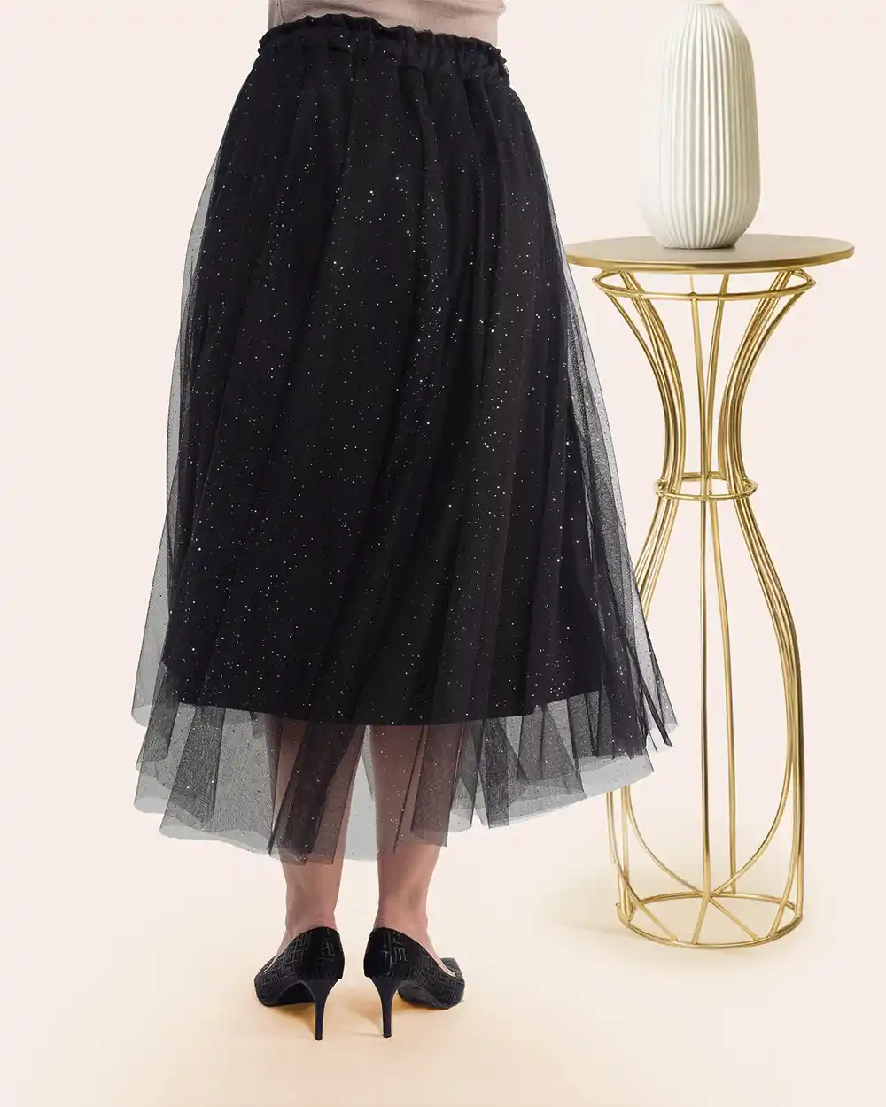 Fustă retro glam midi neagră sclipitoare cu tul din plasă [1]