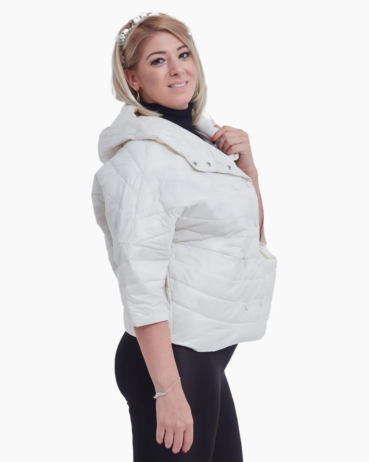 Geci Casual - Geaca alba oversize cu gluga si inchidere cu capse