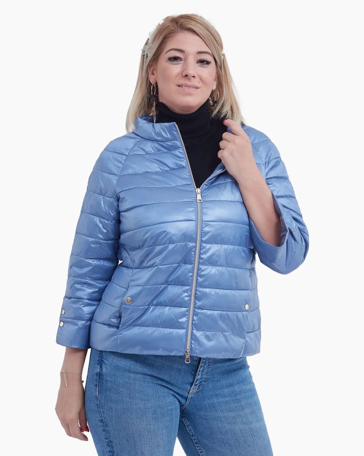 Geci Casual - Geaca albastra cu maneca trei sferturi accesorizate cu capse