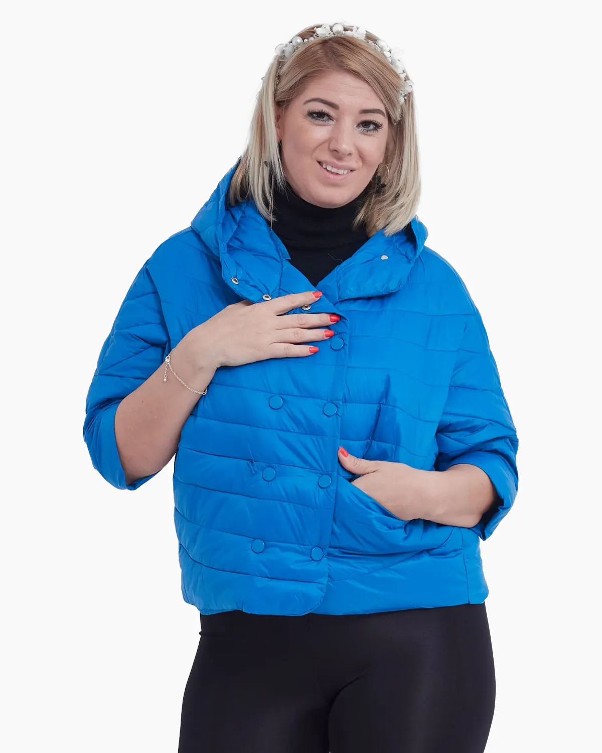 Geci Casual - Geaca albastra oversize cu gluga si inchidere cu capse