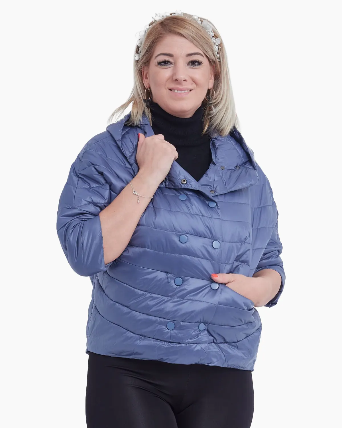 Geci Casual - Geaca albastru lavanda oversize cu gluga si inchidere cu capse