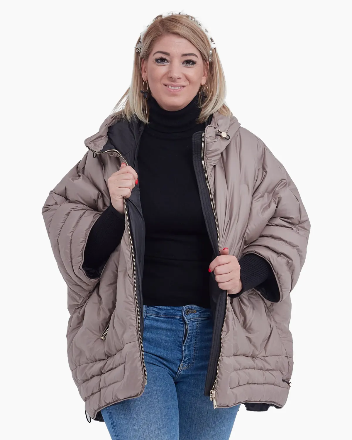 Geci Casual - Geaca bej cu puf si maneci stilizate