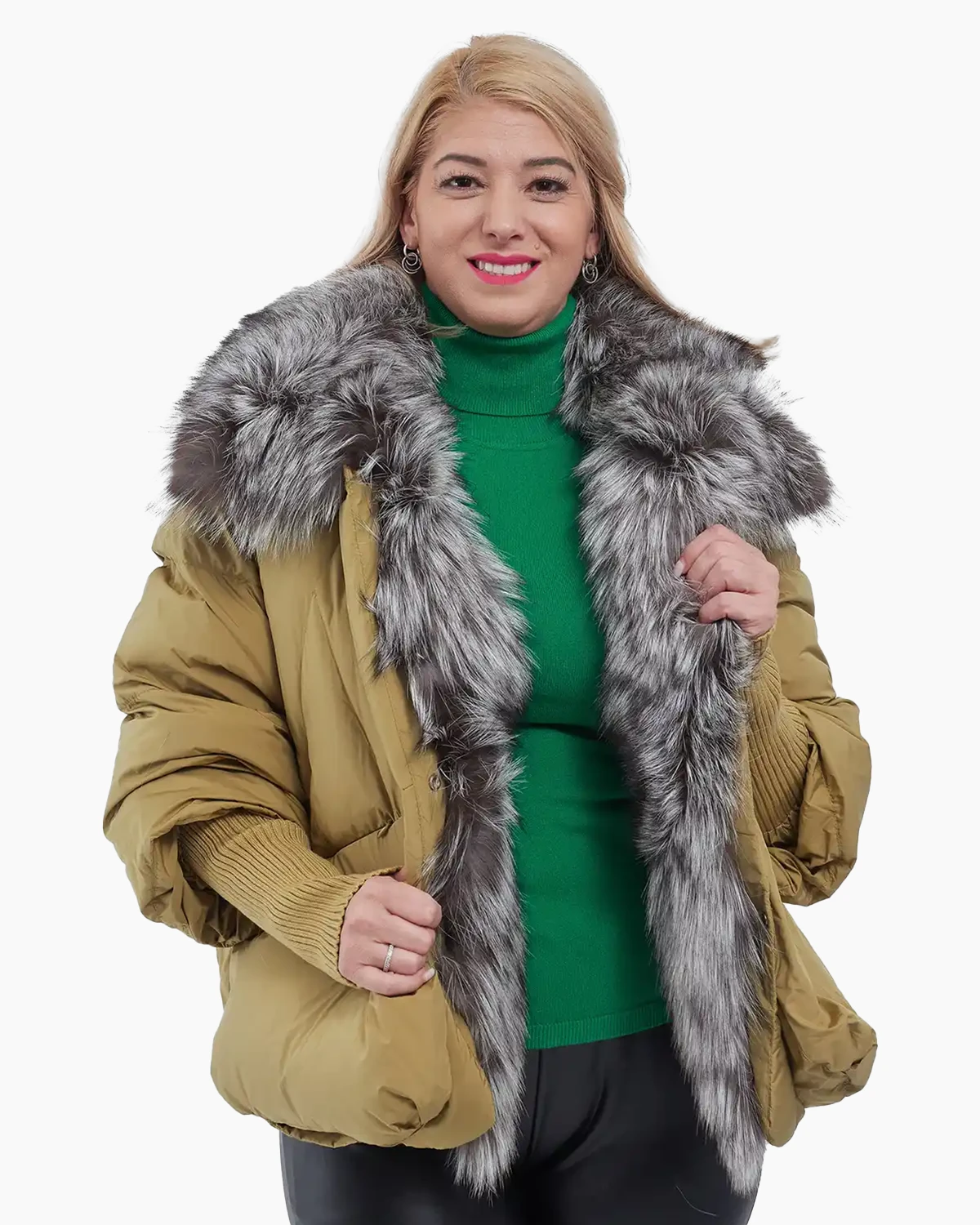 Geci Casual - Geacă blană naturală scurtă de damă, stil chic lime
