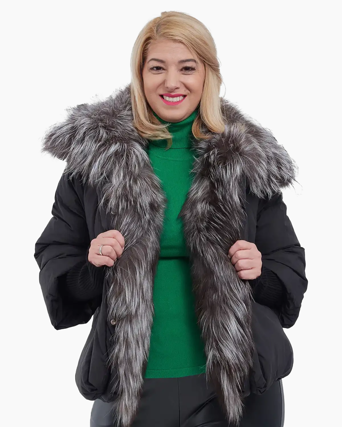 Geci Casual - Geacă blană naturală scurtă de damă, stil chic neagră